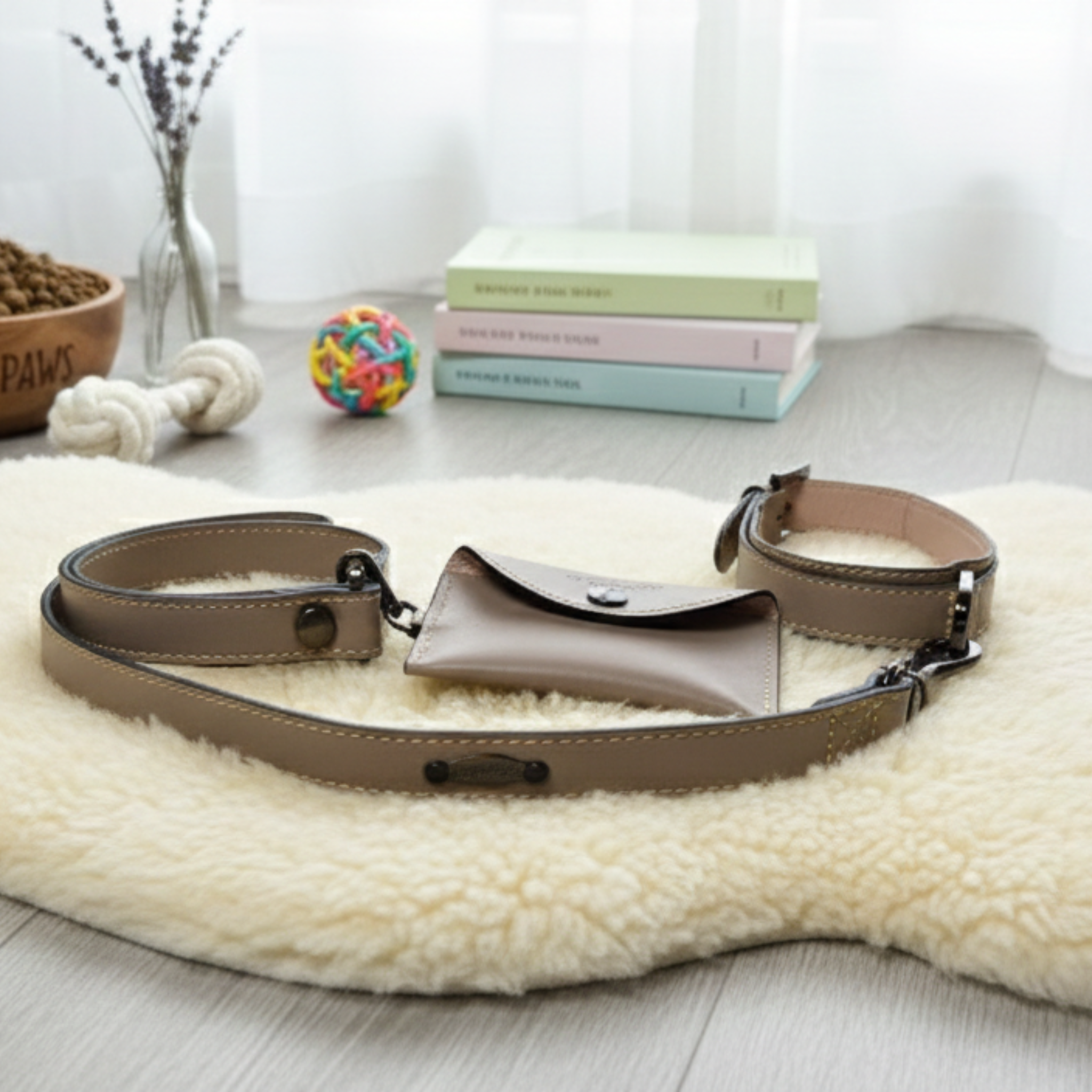 Set Collare e Guinzaglio in Pelle con Porta Sacchetti